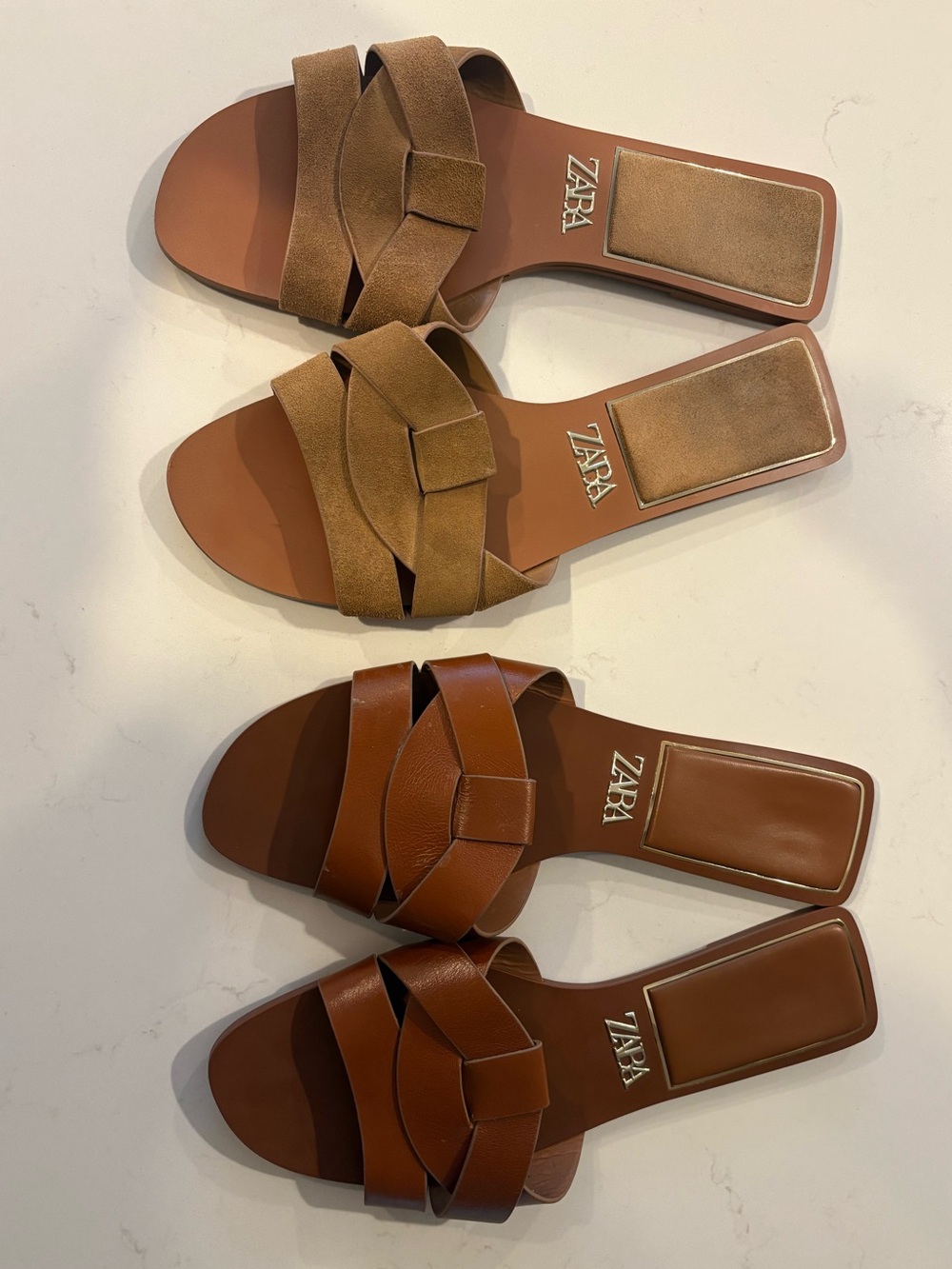 ZARA Tan Suede and Brown Braided Slide Sandals